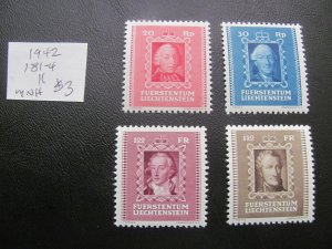 LIECHTENSTEIN 1942 MNH  SC 181-184 SET  XF  $11 (214) NEW COLL.