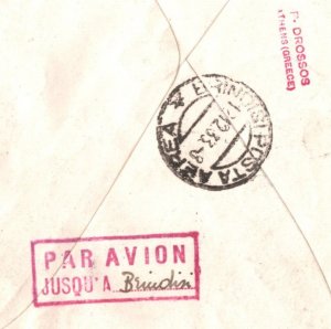 GREECE Air Mail 1933 Cover Athens Super PAR AVION JUSQU'A *Brindisi* Italy MA281