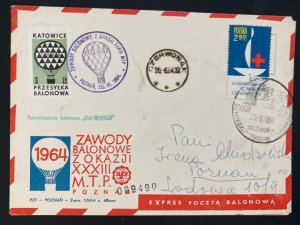 1964 Poznan Poland Balloon Flight Airmail Cover Katowice Special Label