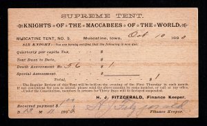 SCOTT #UX9A POSTAL CARD ⭐ KNIGHTS OF THE MACCABEES ⭐ DEATH ASSESSMENT 1890