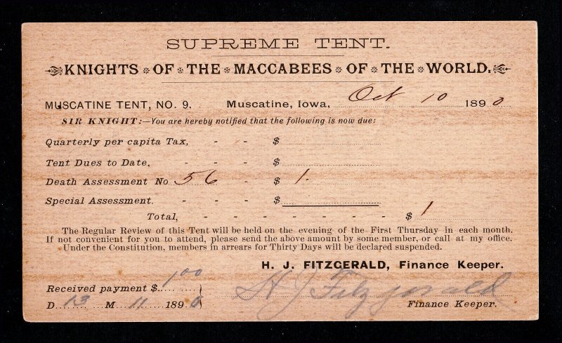 SCOTT #UX9A POSTAL CARD ⭐ KNIGHTS OF THE MACCABEES ⭐ DEATH ASSESSMENT 1890