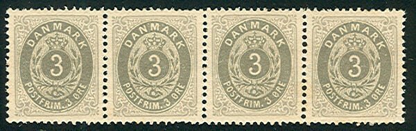 DENMARK #25v 3¢ bicolor, 7th printing, Strip of 4 NH, XF, Facit $1,200.00