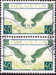 SWITZERLAND 1929 40c Blue/Yellowish Green Airmail Vertical Pair  Ordinary Pap...