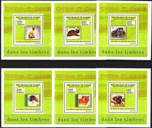 {309} Guinea 2009 Stamps on Stamps Dogs Cats 6 S/S Deluxe MNH**