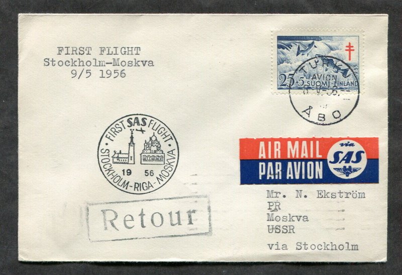 p28 - FINLAND 1956 Cover. Fish Semi-Postal. SAS First Flight Sweden-Russia, Riga