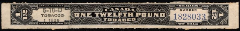 Vintage Canada Revenue Series of 1915 1/12 Pound Tobacco Used Cancelled