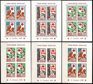 TOGO 1959 Red Cross. Medicin. Complete 6 Souvenir Sheets - Perf and Imperf, MNH