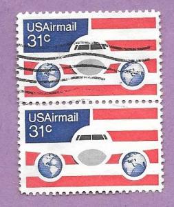 Block of 2 Used U.S. Stamps C90 Plane Globes & Flags #2