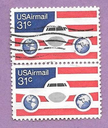 Block of 2 Used U.S. Stamps C90 Plane Globes & Flags #2