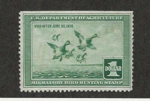 United States, Postage Stamp, #RW4 Mint Crease No Gum, 1937 Duck Hunt, JFZ