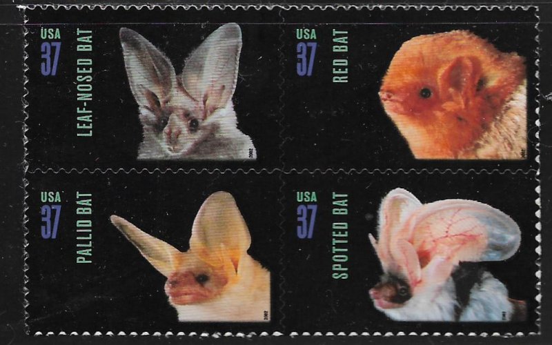 UNITED STATES,3664A, MNH, BLOCK OF 4, BATS