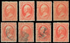 Scott #O22 x8 Interior Dept Officials, 3 Mint-NG, 1 Hinged, 4 Used, SCV $515 (SK