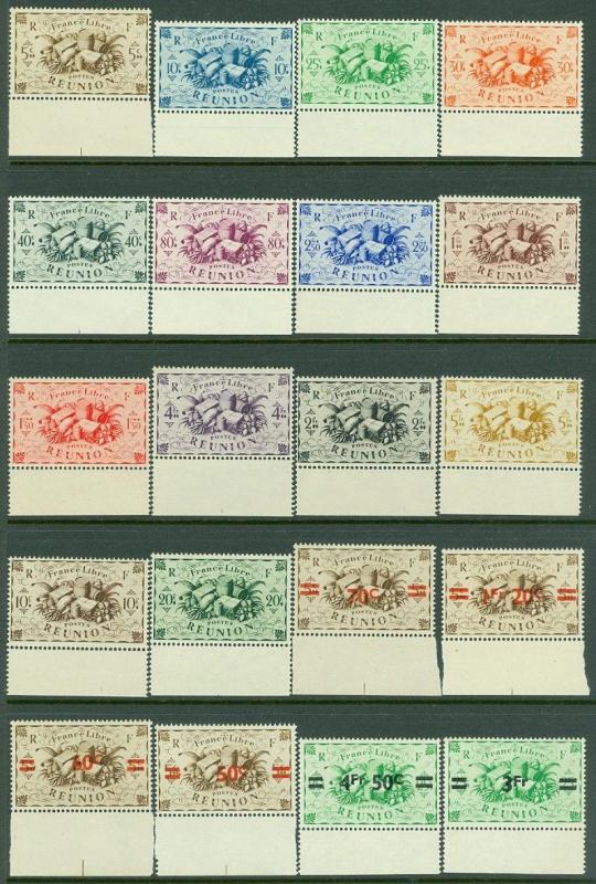 EDW1949SELL : REUNION 1943-45 Scott #224-37, 240-47, C18-24 Cplt sets VF Mint NH