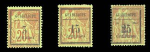 French Colonies, Guadeloupe #3-5 Cat$70.25, 1889 Surcharges, set of three, hi...