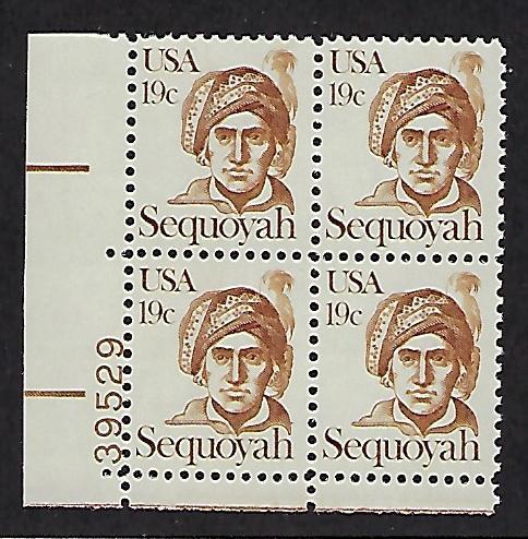 Catalog #1859 Plate Block of 4 Stamps Sequoyah Indian Chief Native American