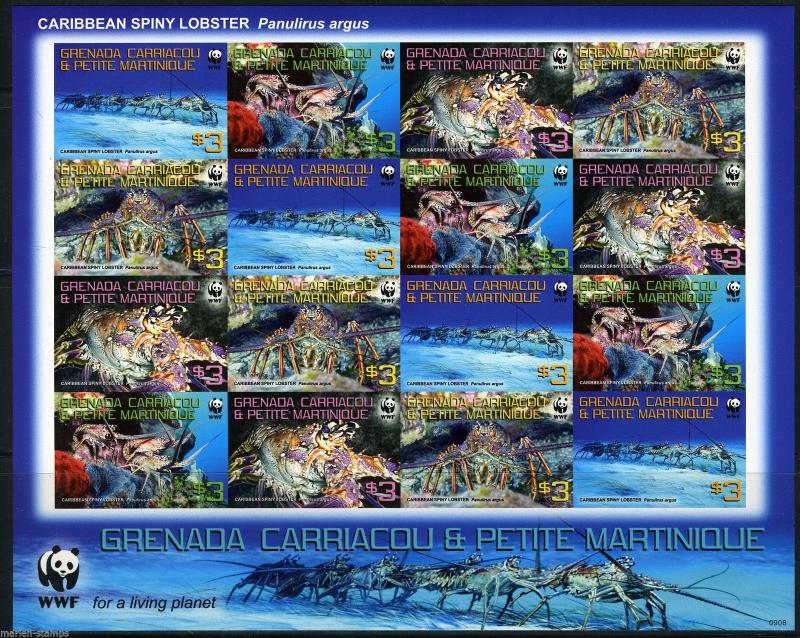 GRENADA GRENADINES WORLD WILDLIFE FUND LOBSTER SCOTT#2727 SHEET OF 16  RARE IMPF