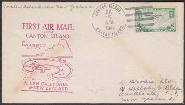 GILBERT & ELLICE IS US PO 1940 first flight cover Canton Is to NZ...........Q515