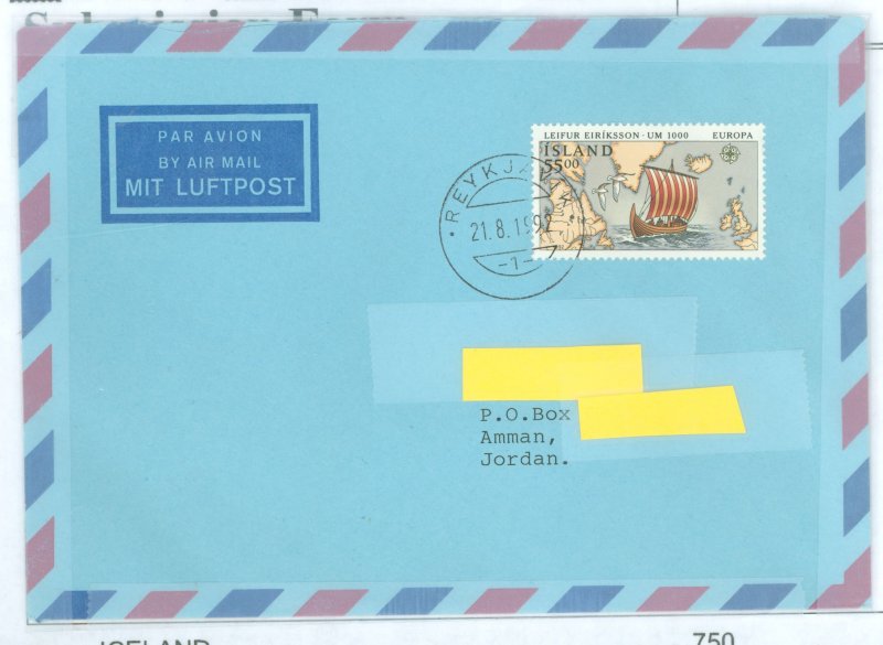 Iceland 750 1992 Cover sent Amman-Jordan, discovery of America