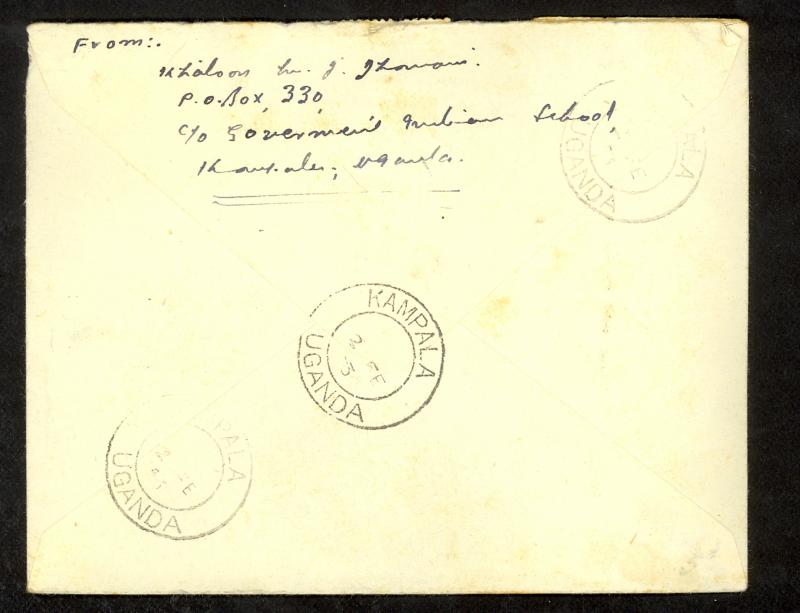 KUT UGANDA 1953 KGVI Flown Regsitered Cover KAMPALA to Great Britain 30c & 1sh