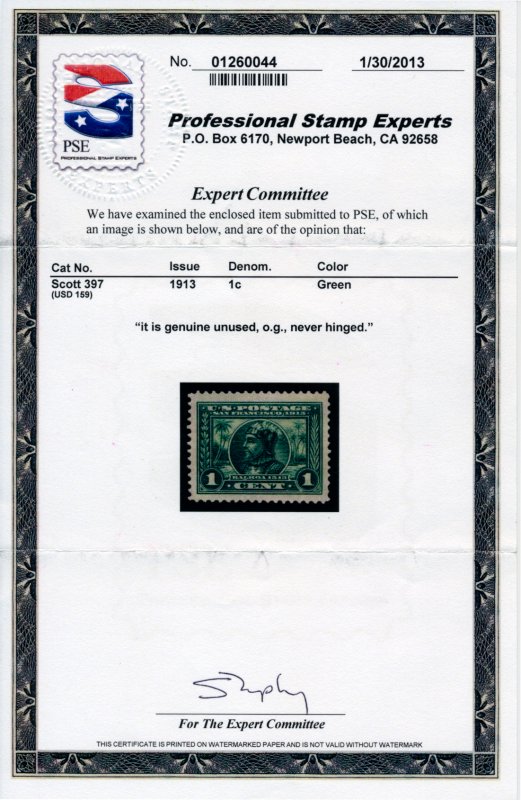 US 397 1c 1913 Panama Pacific Exposition Balboa perf 12 green VF NH PSAG cert