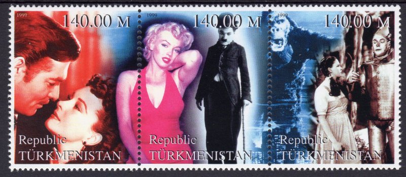 Turkmenistan 1999 MARILYN MONROE-CHAPLIN-Strip of 3 perforated MNH