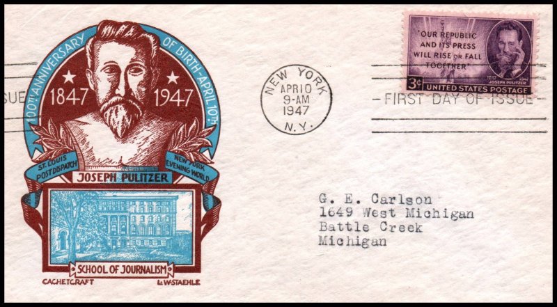 US 946 Pulitzer Cachet Craft Staehle Typed FDC