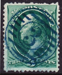 Scott 158, Used, Blue SOTN 3 in Barred Circle Cancel, HR, Perf Faults