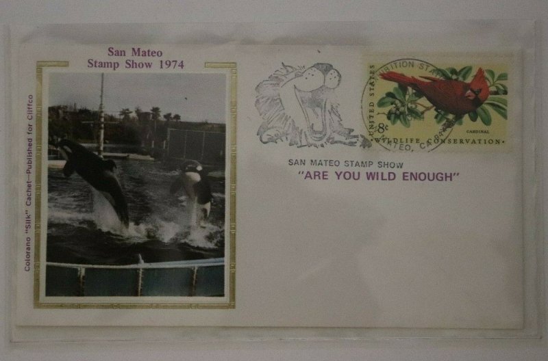 San Mateo CA Stamp Show 1974 Philatelic Expo Cachet  killer whale colorano silk