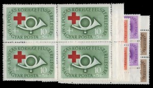 Hungary #CB17-32 Cat$32.20, 1957 Red Cross, complete set in blocks of four, n...