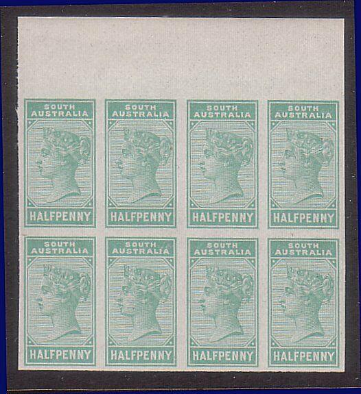 SOUTH AUSTRALIA 1883 ½d proof / colour trial imperf block of 8.............58875