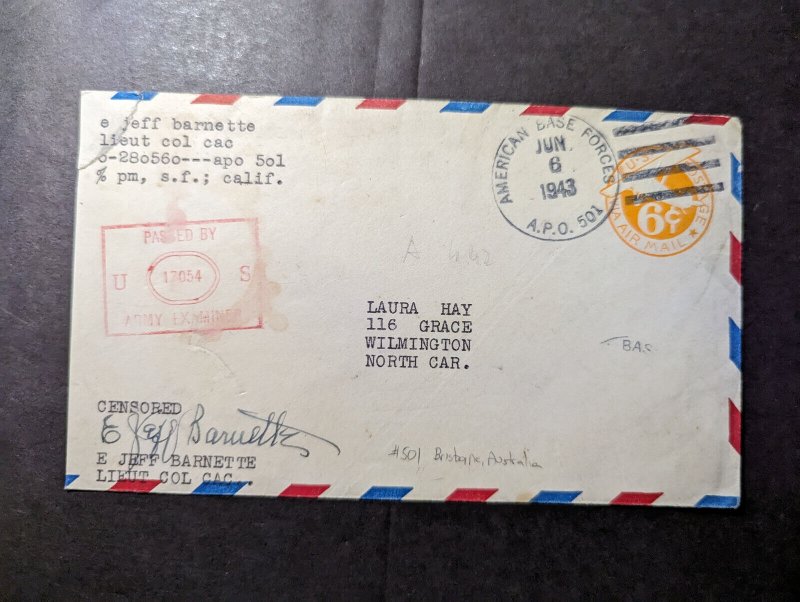 1943 USA Airmail APO Military Cover APO 501 to Wilmington NC