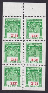 BCT188 Watermarked - BC Telephone Frank 1959 pane with open base variety Mint