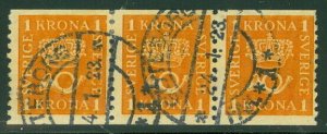 SWEDEN #153v (168bz) 1kr orange, WMK KPV, Strip of 3 used Facit $315.00