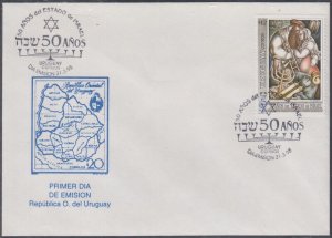 URUGUAY Sc # 1714 FDC 50th ANN STATE of ISRAEL, with MENORAH, TEN COMMANDMENTS