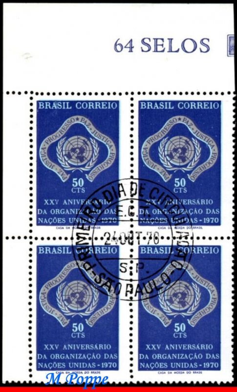 1175 BRAZIL 1970 25 YEARS THE UNITED NATIONS, MI# 1269 BLOCK CANCELED 1st DAY NH