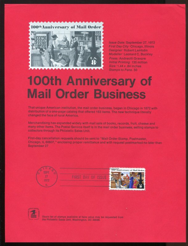 USA Scott #1468 - Mail Order Business Centennial Souvenir Page - 1972