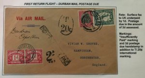 1929 Durban South Africa First Return Flight Cover To England Postage Due