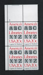 Scott # 2015 unused NH Plate Block of 4 American Libraries