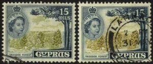 Cyprus SG177aa/a 15m yellow-olive and 15c bistre (and indigo) Cat 23 pounds 