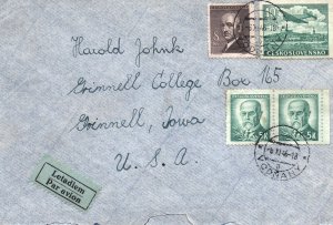 CZECHOSLOVAKIA AIRMAIL COVER FROM VODNANY TO GRINNELL IOWA QUAD-FRANKING 1946