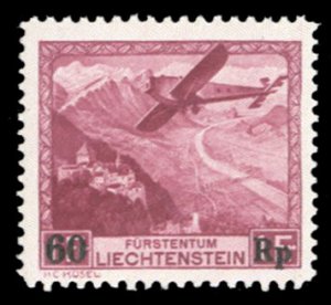 Liechtenstein #C14 Cat$130, 1935 60rp on 1fr lake, never hinged