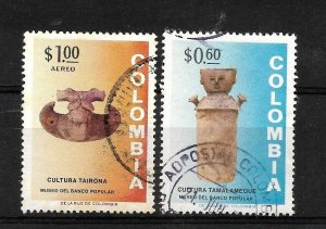 COLOMBIA 1973 ARCHEOLOGY CERAMIC ARTIFACTS PRECOLUMBIAN MUSEUM 2 VALUES  USED