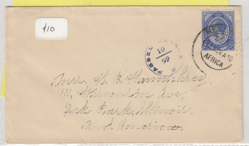 South Africa 1918 Censor Cover To Illinois Postal History J6068