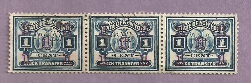 New York Used 1 Cent Stock Transfer Stamps Block of 3 #5