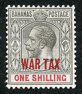 Bahamas SG99 1/- grey-black and carmine opt WAR TAX M/M  Cat 15 pounds