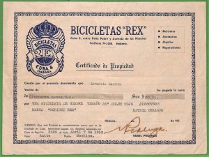 ZA1895 - HABANA - VINTAGE Certificate of Ownership of REX BICYCLE  1952