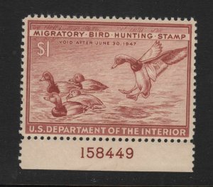 1946 Federal Duck Stamp Sc RW13 Redhead MNH plate number single, Hebert CV $75
