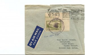 Plate imprint 1949 to CAYMAN ISLANDS 10 cent air mail 1/4oz rate cover Canada
