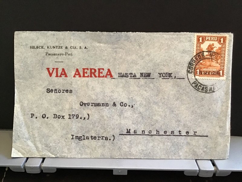 Peru Hilbck Kuntze & Cia Air Mail to England via New York stamps cover R31444