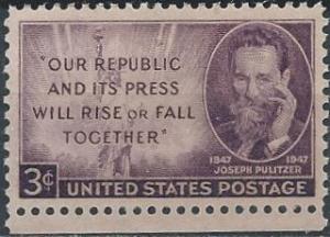 US 946 (mnh, ridged gum) 3¢ Joseph Pulitzer (1947)
